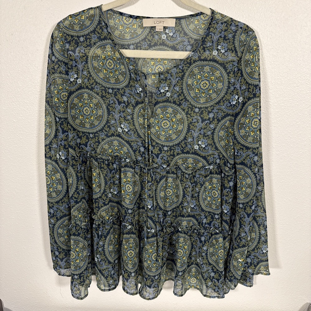 LOFT Green Floral Top Flowy Boho Women's Size Small Bell Sleeves L/S B2